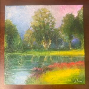 Lake with Trees at Sunset oils on canvas painting artwork wall art 12” by 12”